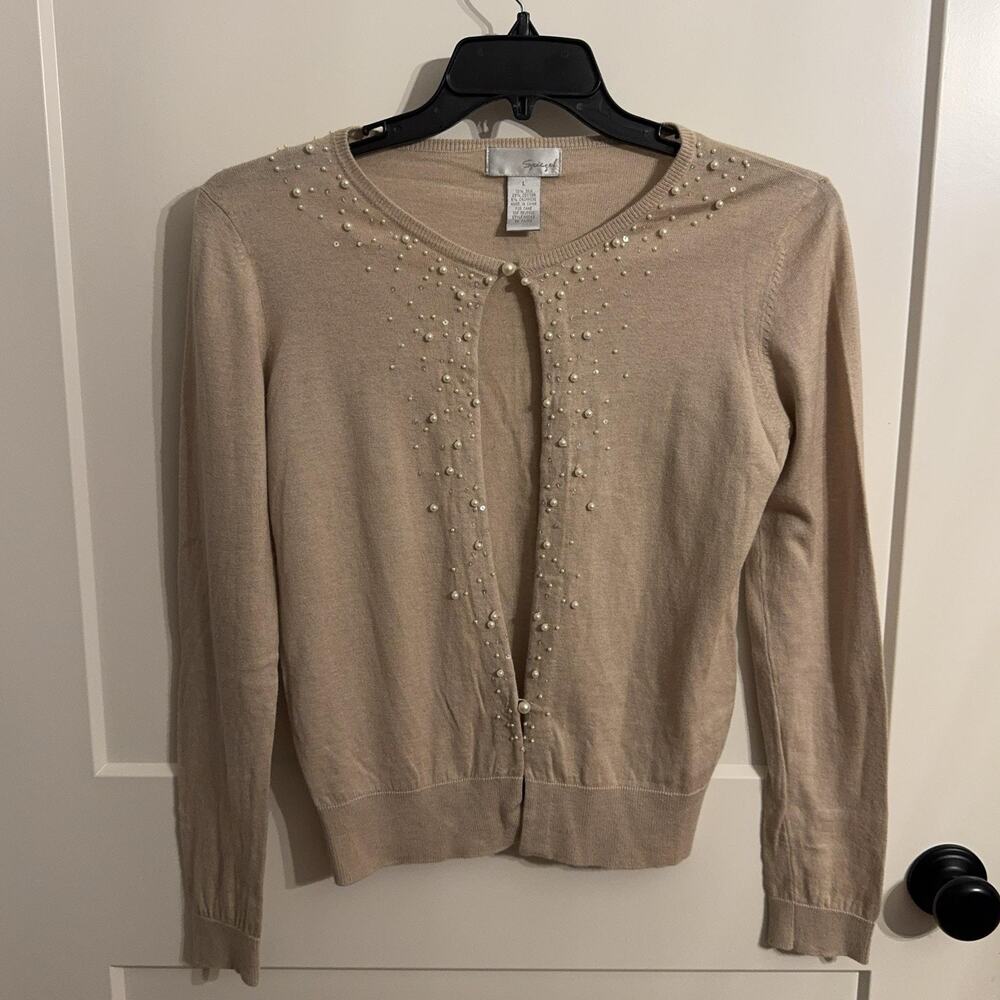 Spiegel Cardigan Sweater Sz L Beige Silk Cashmere Pearl Beaded Old Money Preppy